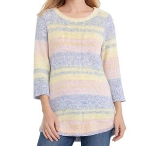 TALBOTS Women Pastel Rainbow Striped Sweater Sz Petite Medium Cotton 3/4 Sleeve